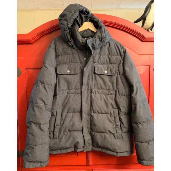 Tommy Hilfiger XL Mens Gray Puffer Winter Coat EUC Toggle Hood Zip Snap Pockets
